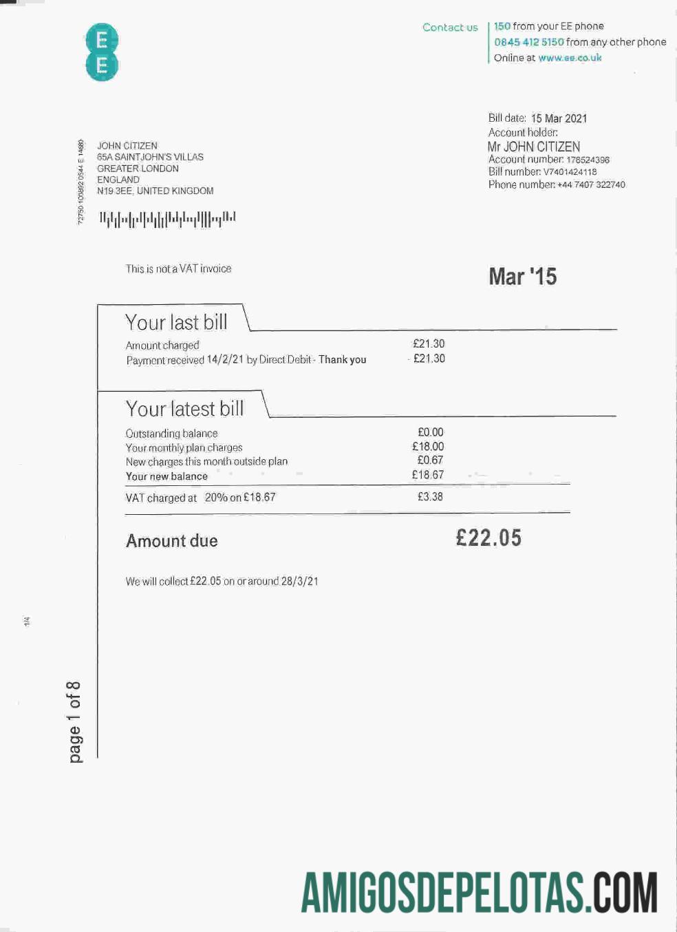 Para baixar modelo de fatura de serviços públicos de telefone EE do Reino Unido, totalmente editável em formato PSD